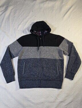 Point Zero Black Blue Gray Color Blocked Plaid Fleece Lined Zip Up Hoodie